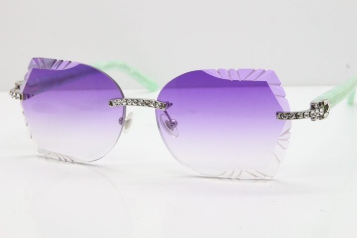 Cartier Rimless T8200762 Big Diamond Marble Green Aztec Arms Sunglasses In Gold Purple Lens