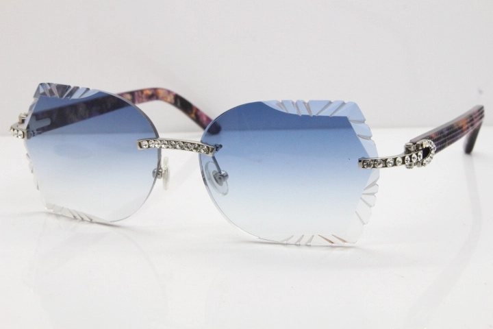 Cartier Rimless T8200762 Big Diamond Purple Aztec Arms Sunglasses In Gold Blue Lens