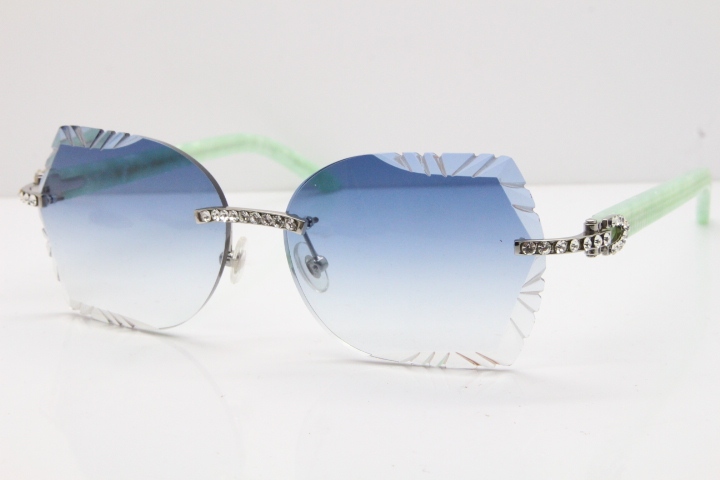 Cartier Rimless T8200762 Big Diamond Marble Green Aztec Arms Sunglasses In Gold Blue Lens