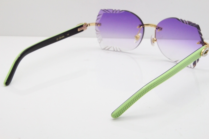 Cartier Rimless T8200762 Big Diamond Black Inside Green Aztec Arms Sunglasses In Gold Purple Lens 