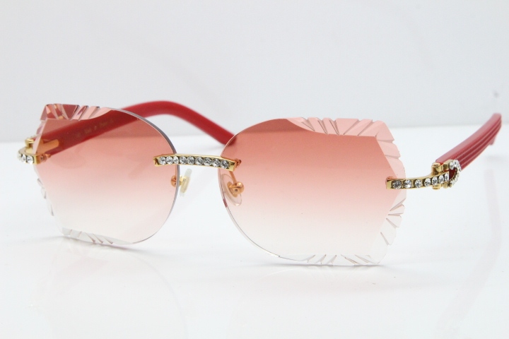 Cartier Rimless T8200762 Big Diamond Red Aztec Arms Sunglasses In Gold Pink Lens