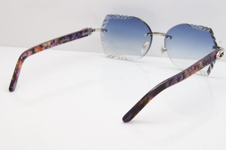 Cartier Rimless T8200762 Big Diamond Purple Aztec Arms Sunglasses In Gold Blue Lens