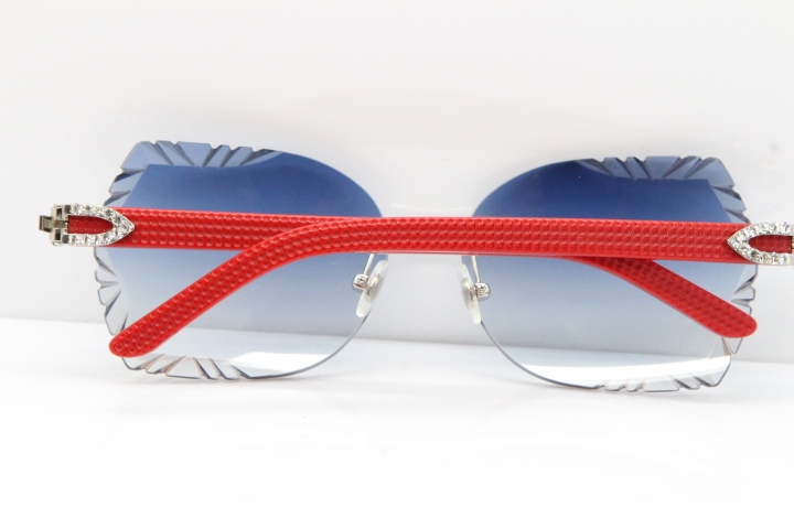 Cartier Rimless T8200762 Big Diamond Red Aztec Arms Sunglasses In Gold Blue Lens