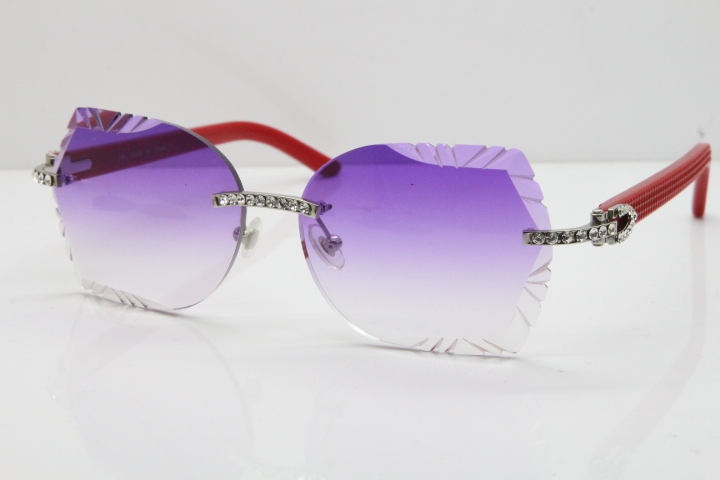 Cartier Rimless T8200762 Big Diamond Red Aztec Arms Sunglasses In Gold Purple Lens