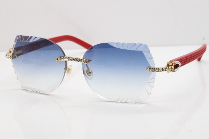 Cartier Rimless T8200762 Big Diamond Red Aztec Arms Sunglasses In Gold Blue Lens