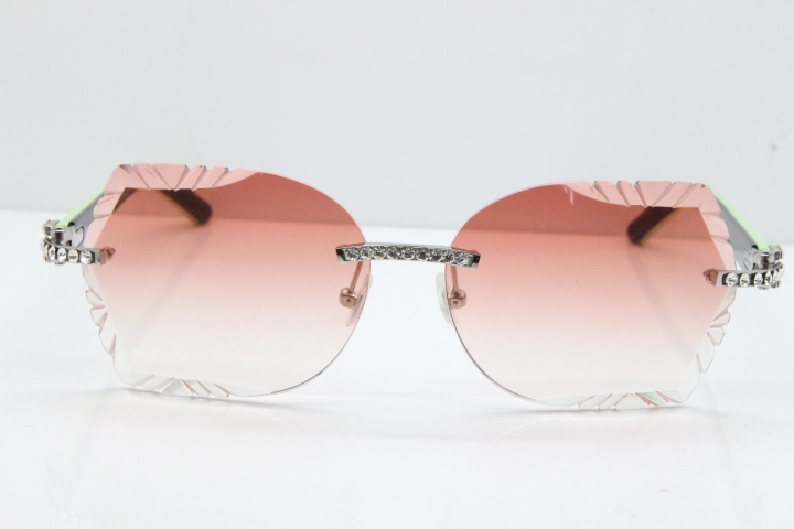 Cartier Rimless T8200762 Big Diamond Black Inside Green Aztec Arms Sunglasses In Gold Pink Lens
