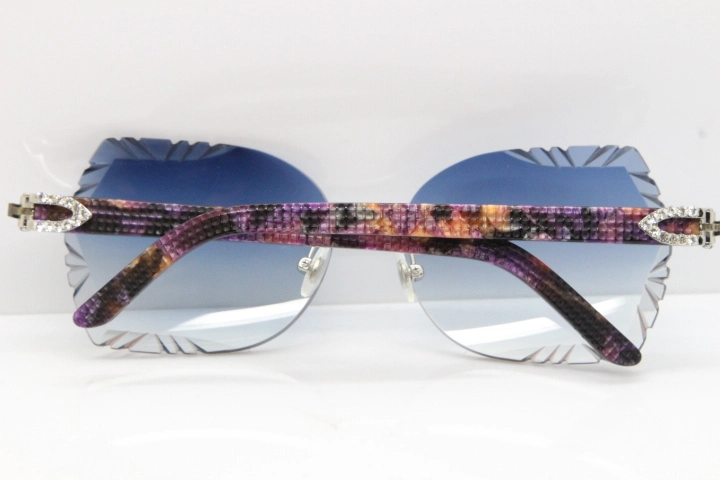 Cartier Rimless T8200762 Big Diamond Purple Aztec Arms Sunglasses In Gold Blue Lens