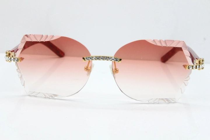 Cartier Rimless T8200762 Big Diamond Marble Red Aztec Arms Sunglasses In Gold Pink Lens