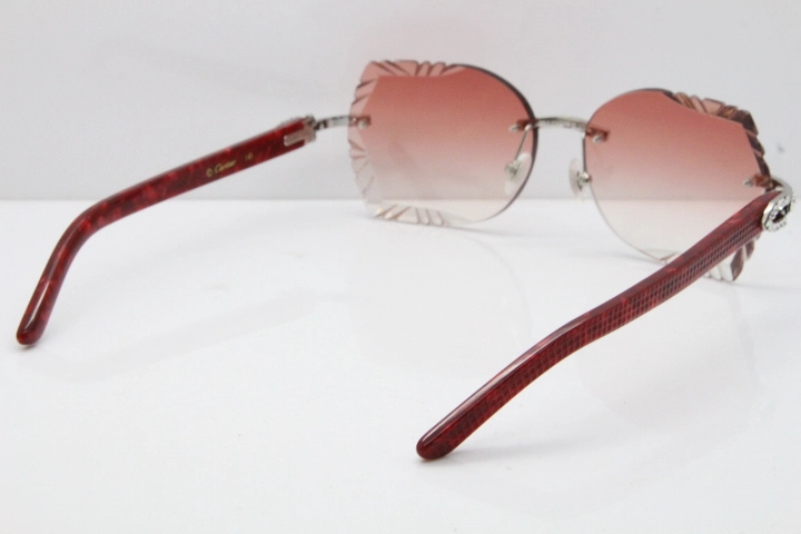 Cartier Rimless T8200762 Big Diamond Marble Red Aztec Arms Sunglasses In Gold Pink Lens