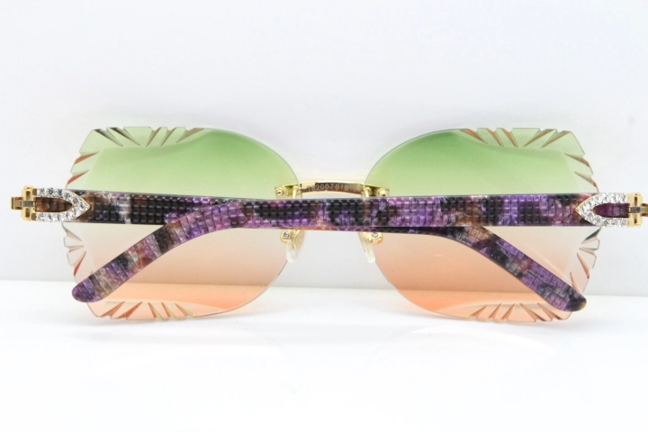 Cartier Rimless T8200762 Big Diamond Purple Aztec Arms Sunglasses In Gold Green Brown Lens