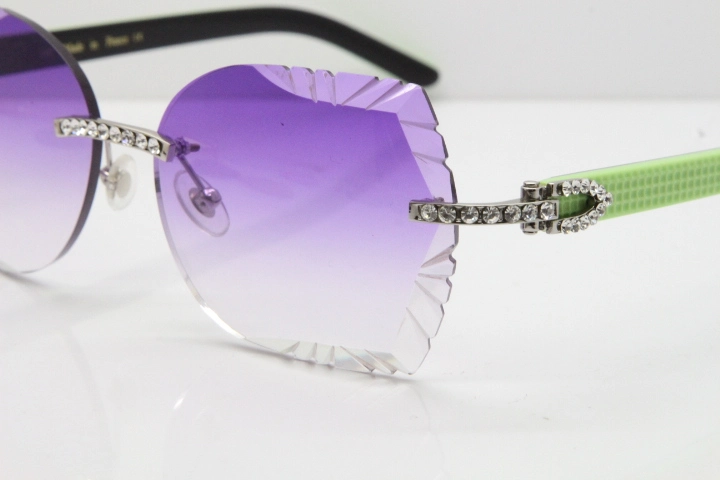 Cartier Rimless T8200762 Big Diamond Black Inside Green Aztec Arms Sunglasses In Gold Purple Lens 