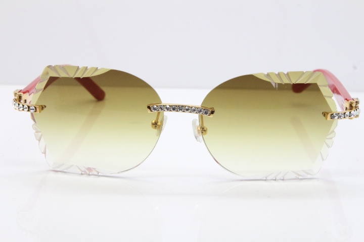 Cartier Rimless T8200762 Big Diamond Red Aztec Arms Sunglasses In Gold Brown Lens