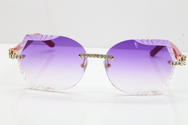 Cartier Rimless T8200762 Big Diamond Red Aztec Arms Sunglasses In Gold Purple Lens