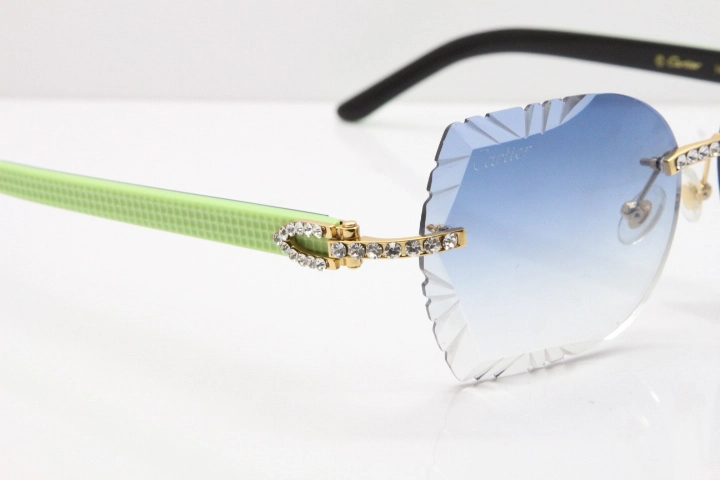 Cartier Rimless T8200762 Big Diamond Black Inside Green Aztec Arms Sunglasses In Gold Blue Lens 