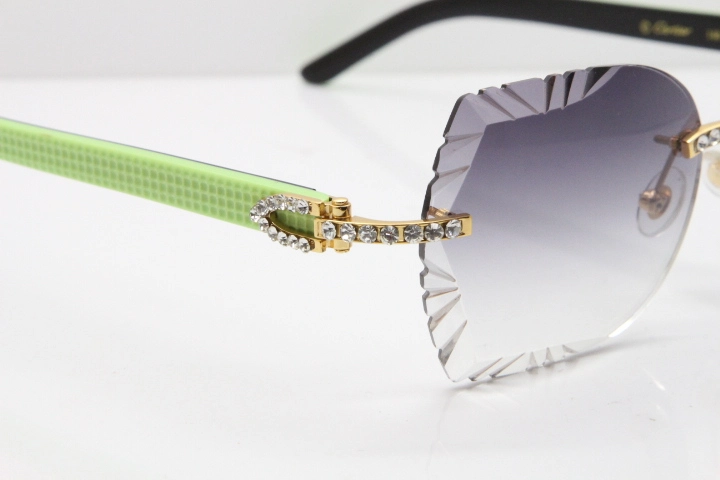 Cartier Rimless T8200762 Big Diamond Black Inside Green Aztec Arms Sunglasses In Gold Gray Lens 