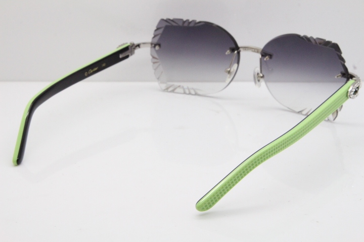 Cartier Rimless T8200762 Big Diamond Black Inside Green Aztec Arms Sunglasses In Gold Gray Lens 