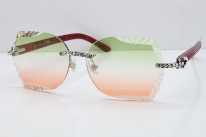 Cartier Rimless T8200762 Big Diamond Marble Red Aztec Arms Sunglasses In Gold Green Brown Lens