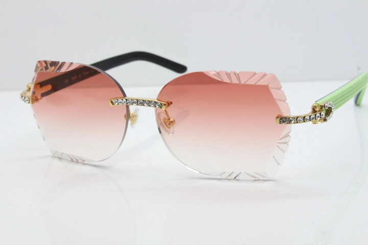 Cartier Rimless T8200762 Big Diamond Black Inside Green Aztec Arms Sunglasses In Gold Pink Lens