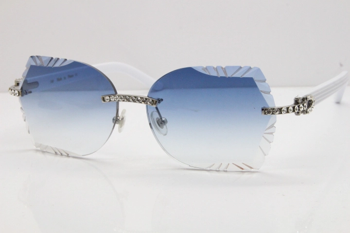 Cartier Rimless T8200762 Big Diamond White Aztec Arms Sunglasses In Gold Blue Lens