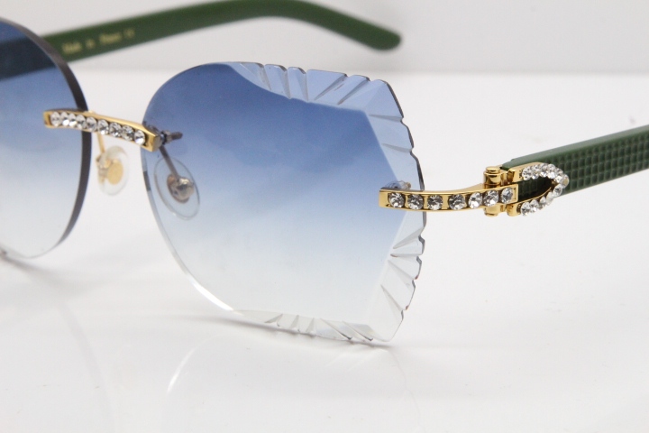 Cartier Rimless T8200762 Big Diamond Green Aztec Arms Sunglasses In Gold Blue Lens