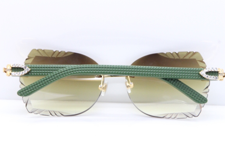 Cartier Rimless T8200762 Big Diamond Green Aztec Arms Sunglasses In Gold Brown Lens