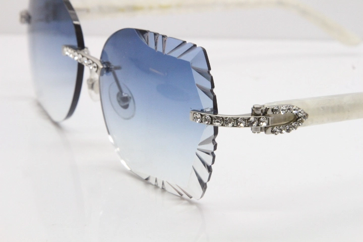 Cartier Rimless T8200762 Big Diamond Marble White Aztec Arms Sunglasses In Gold Blue Lens