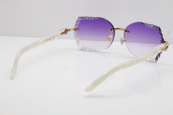 Cartier Rimless T8200762 Big Diamond Marble White Aztec Arms Sunglasses In Gold Purple Lens