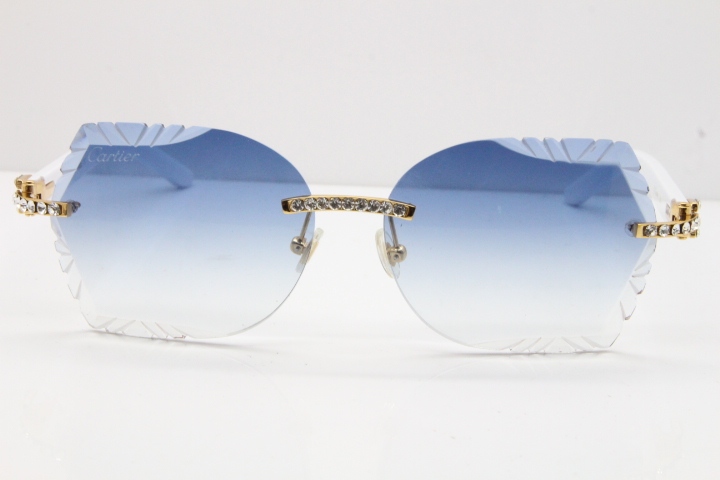 Cartier Rimless T8200762 Big Diamond White Aztec Arms Sunglasses In Gold Blue Lens