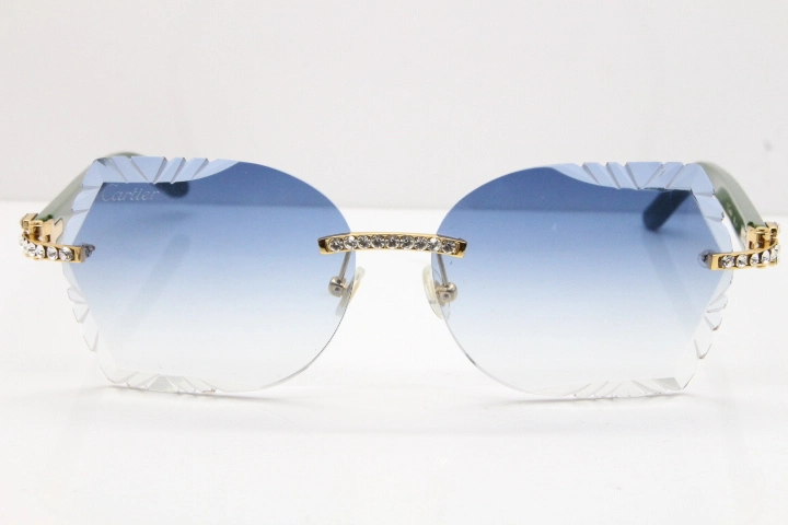 Cartier Rimless T8200762 Big Diamond Green Aztec Arms Sunglasses In Gold Blue Lens