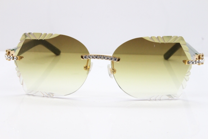 Cartier Rimless T8200762 Big Diamond Green Aztec Arms Sunglasses In Gold Brown Lens
