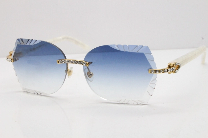 Cartier Rimless T8200762 Big Diamond Marble White Aztec Arms Sunglasses In Gold Blue Lens