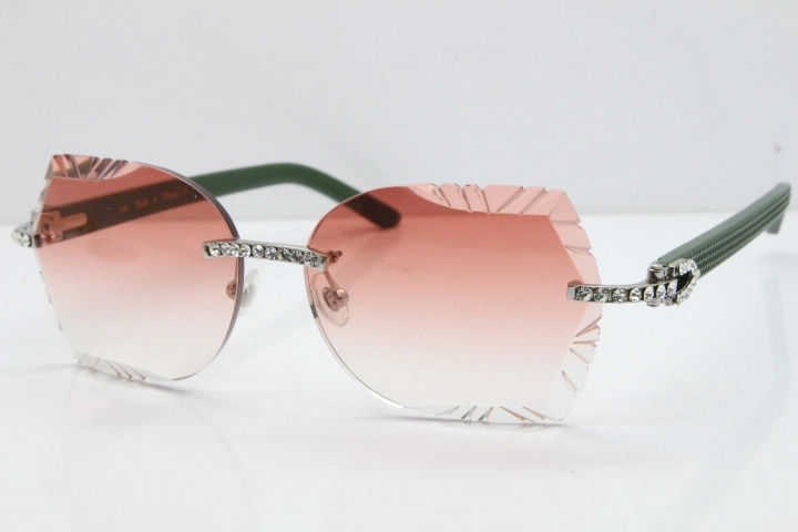 Cartier Rimless T8200762 Big Diamond Green Aztec Arms Sunglasses In Gold Red Lens