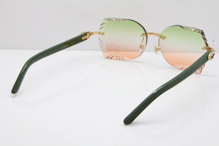 Cartier Rimless T8200762 Big Diamond Green Aztec Arms Sunglasses In Gold Green Brown Lens