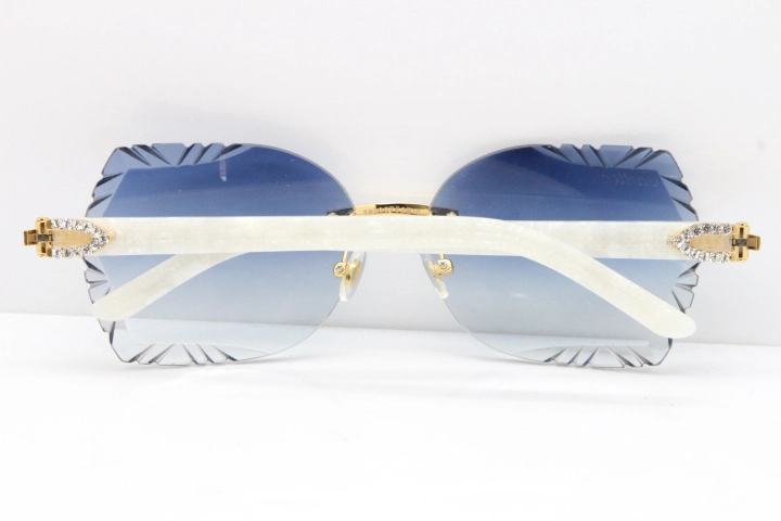 Cartier Rimless T8200762 Big Diamond Marble White Aztec Arms Sunglasses In Gold Blue Lens