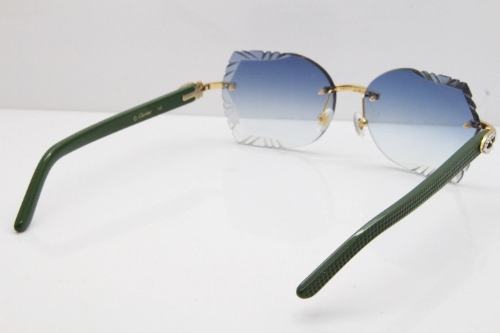 Cartier Rimless T8200762 Big Diamond Green Aztec Arms Sunglasses In Gold Blue Lens