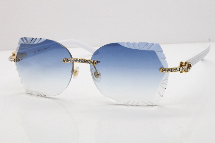 Cartier Rimless T8200762 Big Diamond White Aztec Arms Sunglasses In Gold Blue Lens