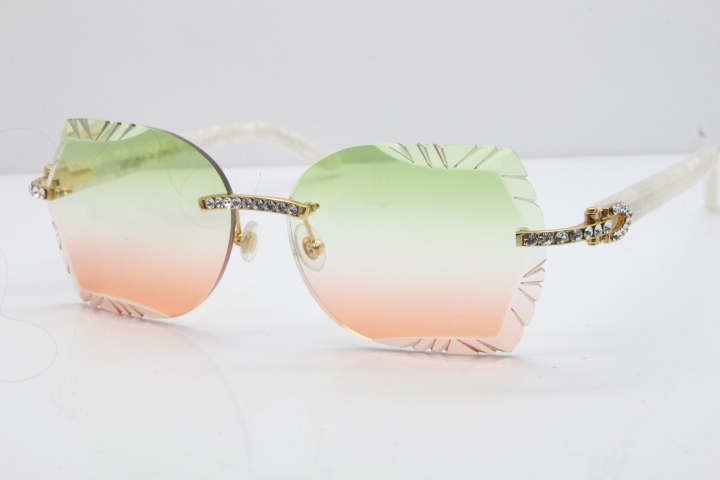 Cartier Rimless T8200762 Big Diamond Marble White Aztec Arms Sunglasses In Gold Green Brown Lens 