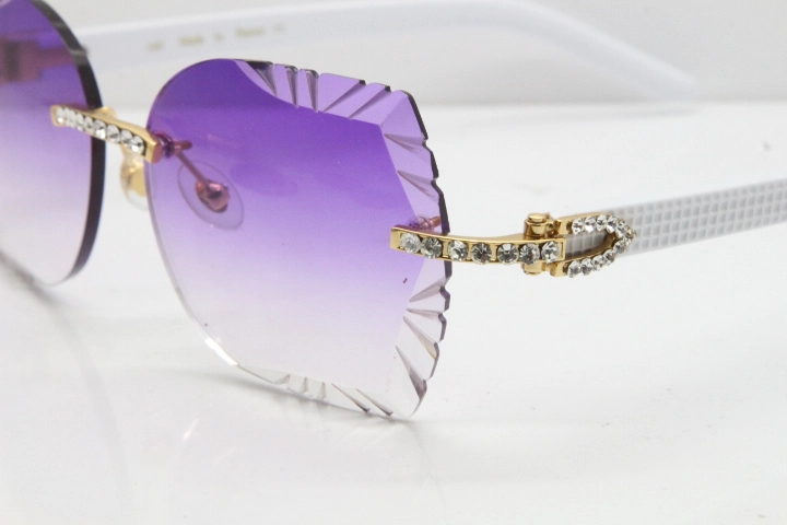 Cartier Rimless T8200762 Big Diamond White Aztec Arms Sunglasses In Gold Purple Lens