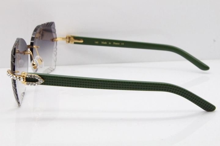 Cartier Rimless T8200762 Big Diamond Green Aztec Arms Sunglasses In Gold Gray Lens