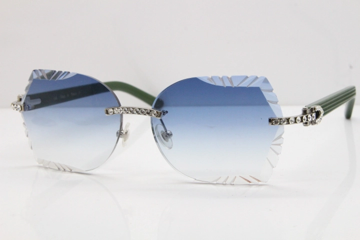 Cartier Rimless T8200762 Big Diamond Green Aztec Arms Sunglasses In Gold Blue Lens