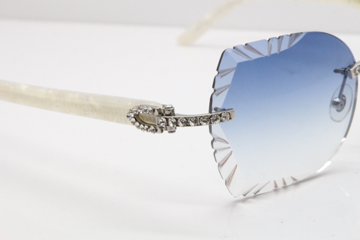 Cartier Rimless T8200762 Big Diamond Marble White Aztec Arms Sunglasses In Gold Blue Lens