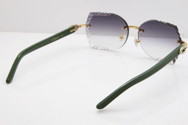 Cartier Rimless T8200762 Big Diamond Green Aztec Arms Sunglasses In Gold Gray Lens