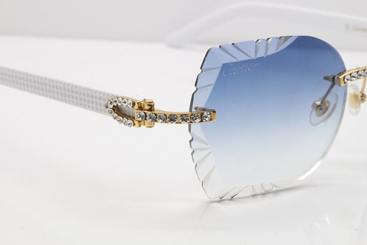 Cartier Rimless T8200762 Big Diamond White Aztec Arms Sunglasses In Gold Blue Lens