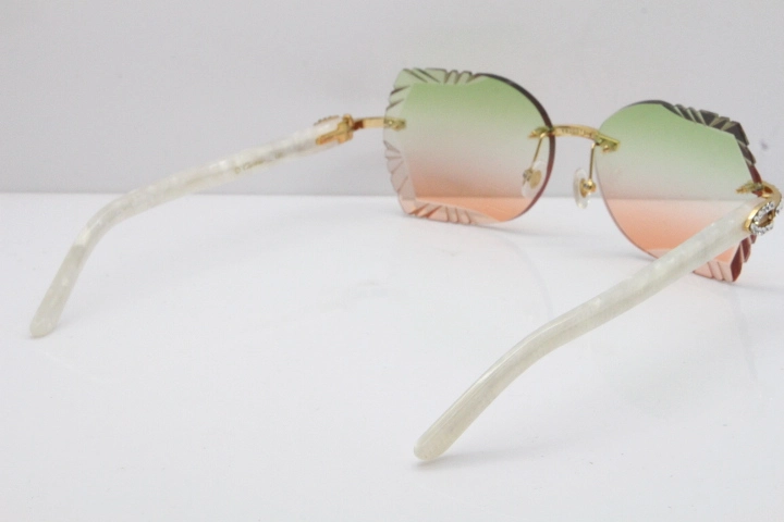 Cartier Rimless T8200762 Big Diamond Marble White Aztec Arms Sunglasses In Gold Green Brown Lens 