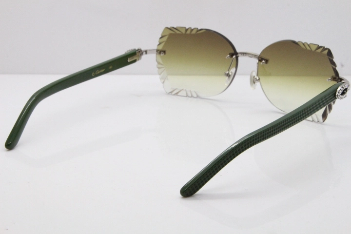 Cartier Rimless T8200762 Big Diamond Green Aztec Arms Sunglasses In Gold Brown Lens