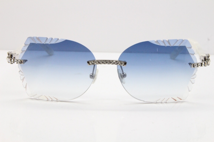 Cartier Rimless T8200762 Big Diamond Marble White Aztec Arms Sunglasses In Gold Blue Lens