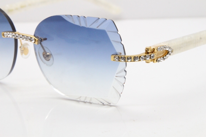 Cartier Rimless T8200762 Big Diamond Marble White Aztec Arms Sunglasses In Gold Blue Lens