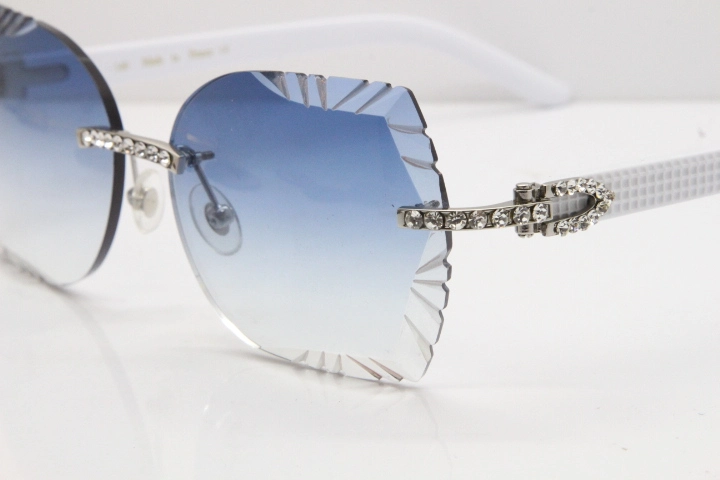 Cartier Rimless T8200762 Big Diamond White Aztec Arms Sunglasses In Gold Blue Lens