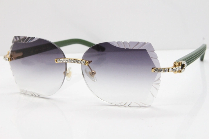 Cartier Rimless T8200762 Big Diamond Green Aztec Arms Sunglasses In Gold Gray Lens