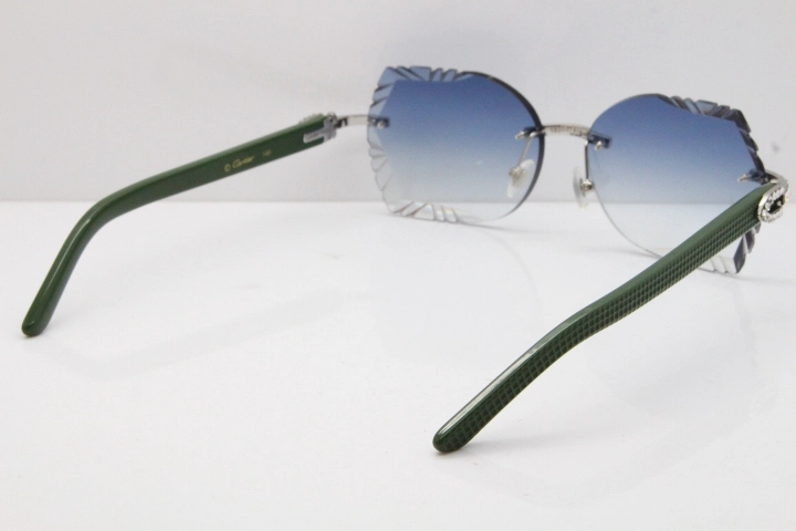 Cartier Rimless T8200762 Big Diamond Green Aztec Arms Sunglasses In Gold Blue Lens